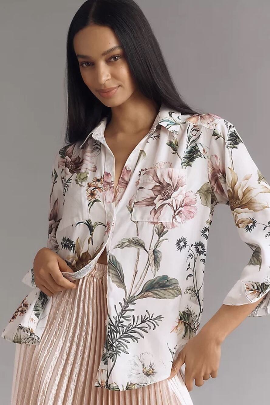By Anthropologie Relaxed Long-Sleeve Floral Shirt Blouse Pearl Botanical L